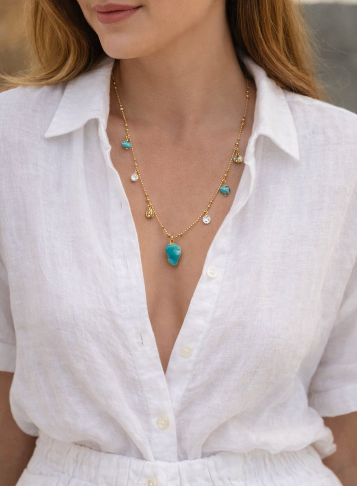 Colar Dourado Pingente Pedra Azul