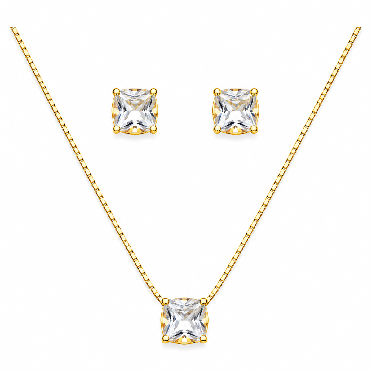 Conjunto Colar + Brincos Ponto de Luz Quadrado Cristal
