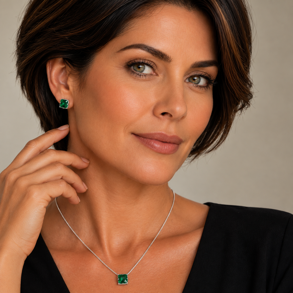 Conjunto Colar + Brincos Ponto de Luz Quadrado Verde Esmeralda