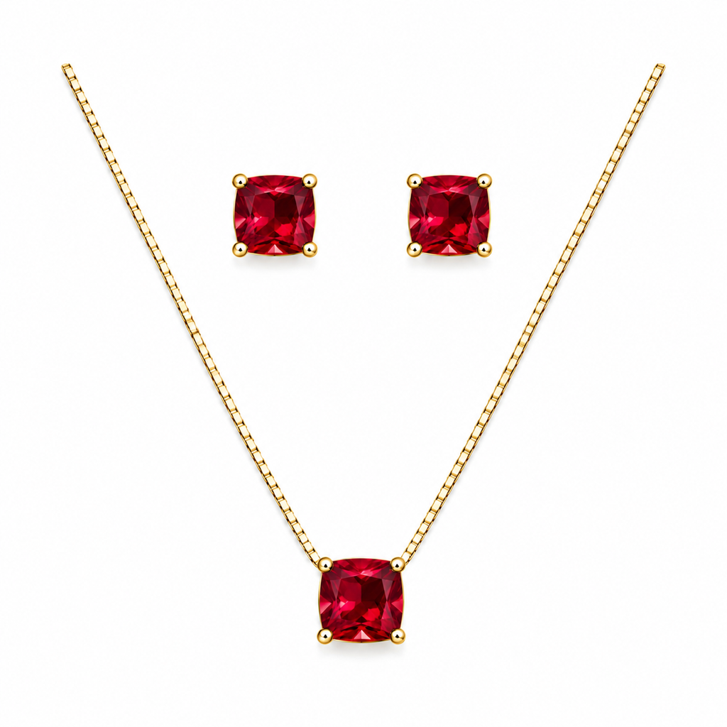 Conjunto Colar + Brincos Ponto de Luz Quadrado Rubi