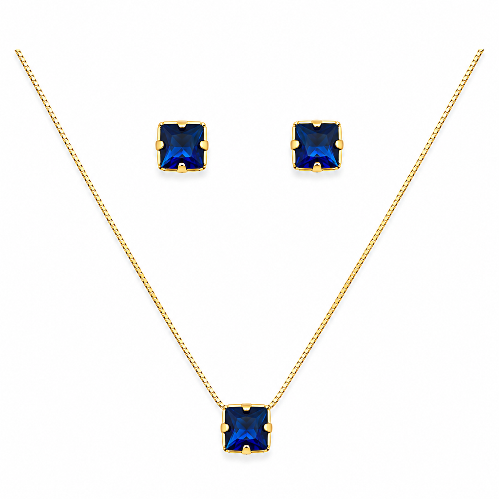 Conjunto Colar + Brincos Ponto de Luz Quadrado Azul Safira