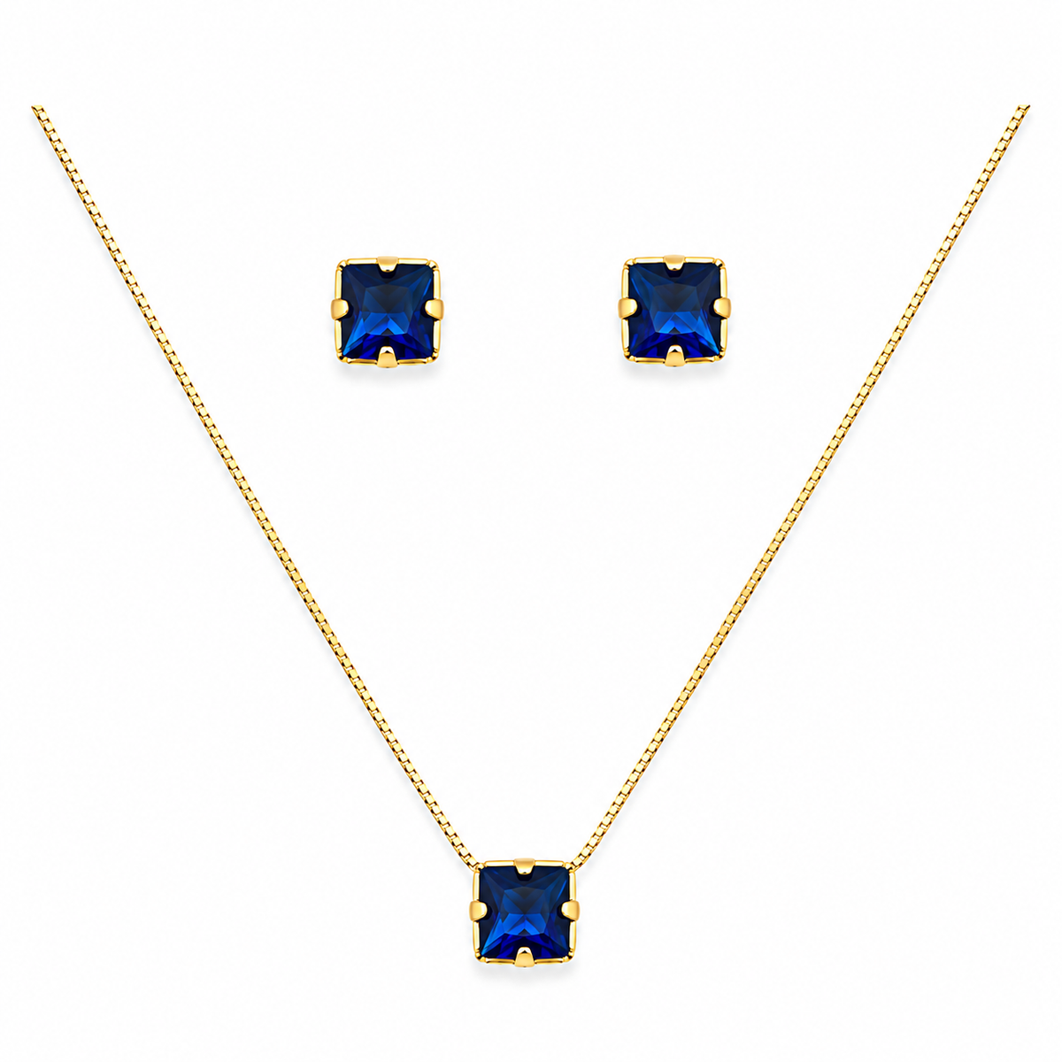 Conjunto Colar + Brincos Ponto de Luz Quadrado Azul Safira