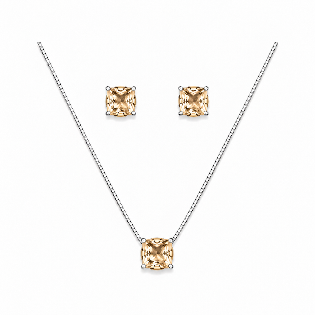 Conjunto Colar + Brincos Ponto de Luz Quadrado Champagne