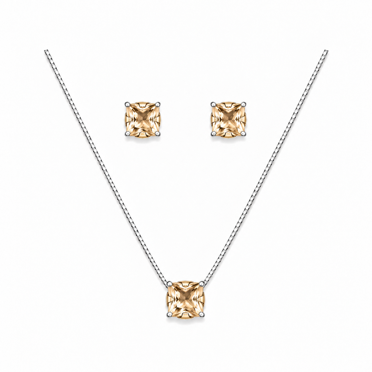 Conjunto Colar + Brincos Ponto de Luz Quadrado Champagne