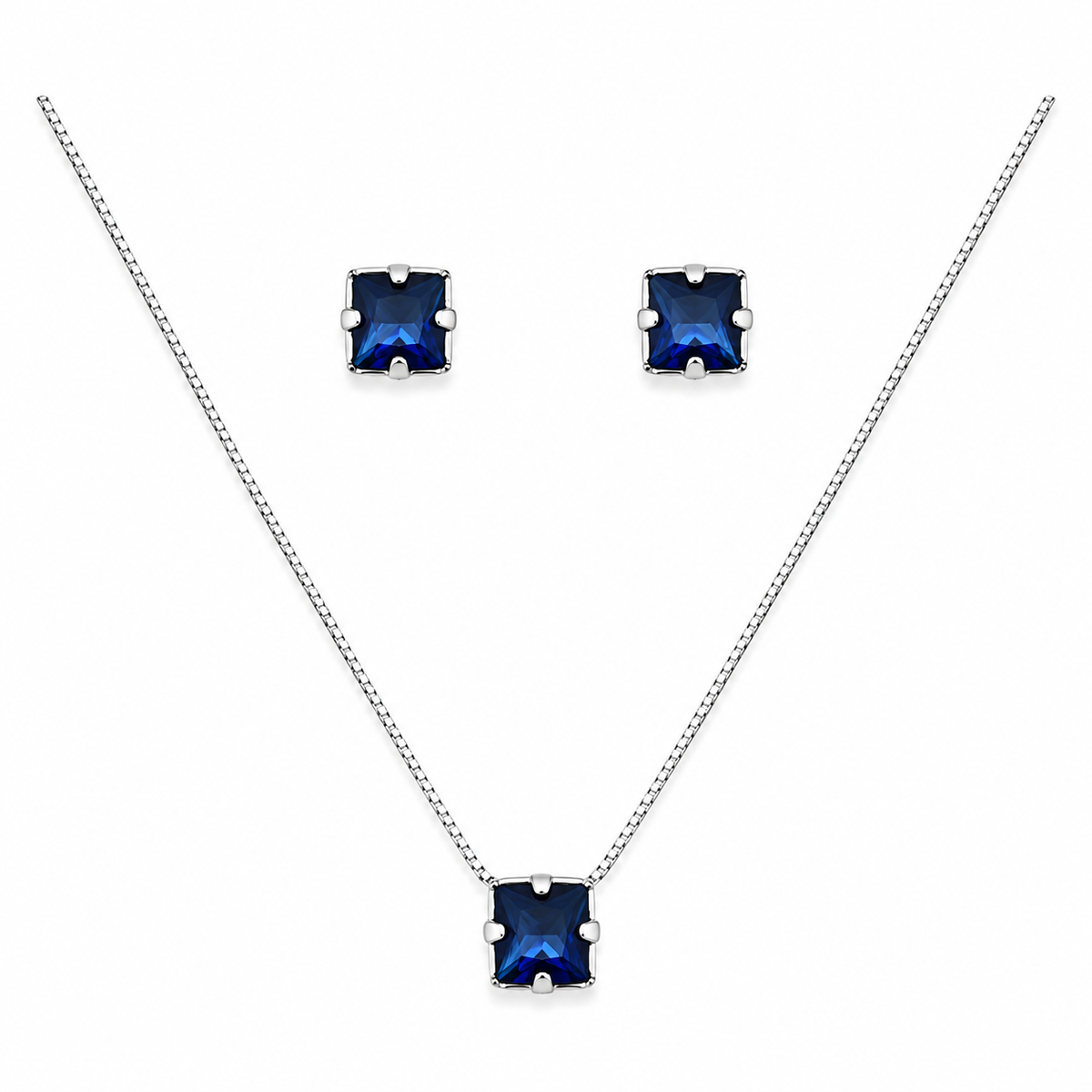 Conjunto Colar + Brincos Ponto de Luz Quadrado Azul Safira