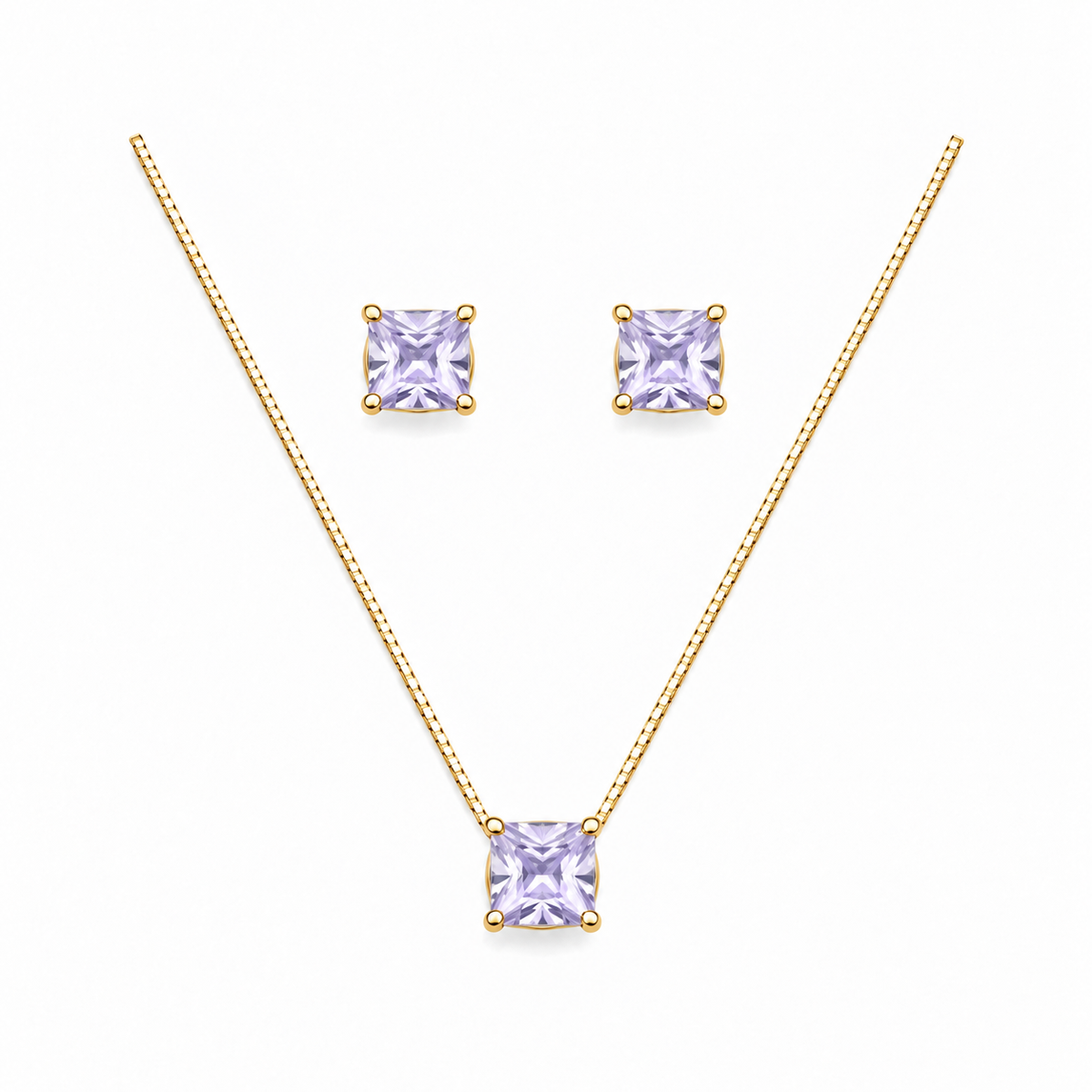 Conjunto Colar + Brincos Ponto de Luz Quadrado Lavanda