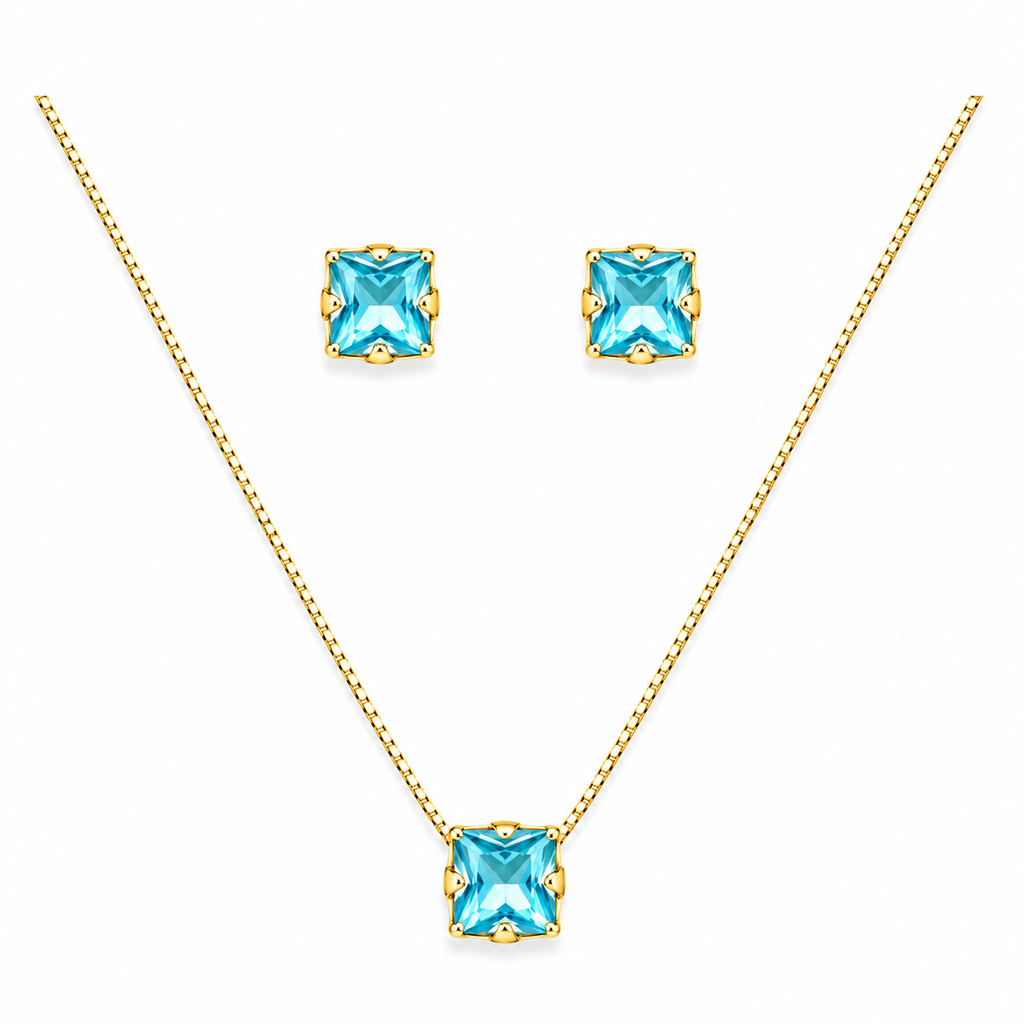 Conjunto Colar + Brincos Ponto de Luz Quadrado Azul Topázio