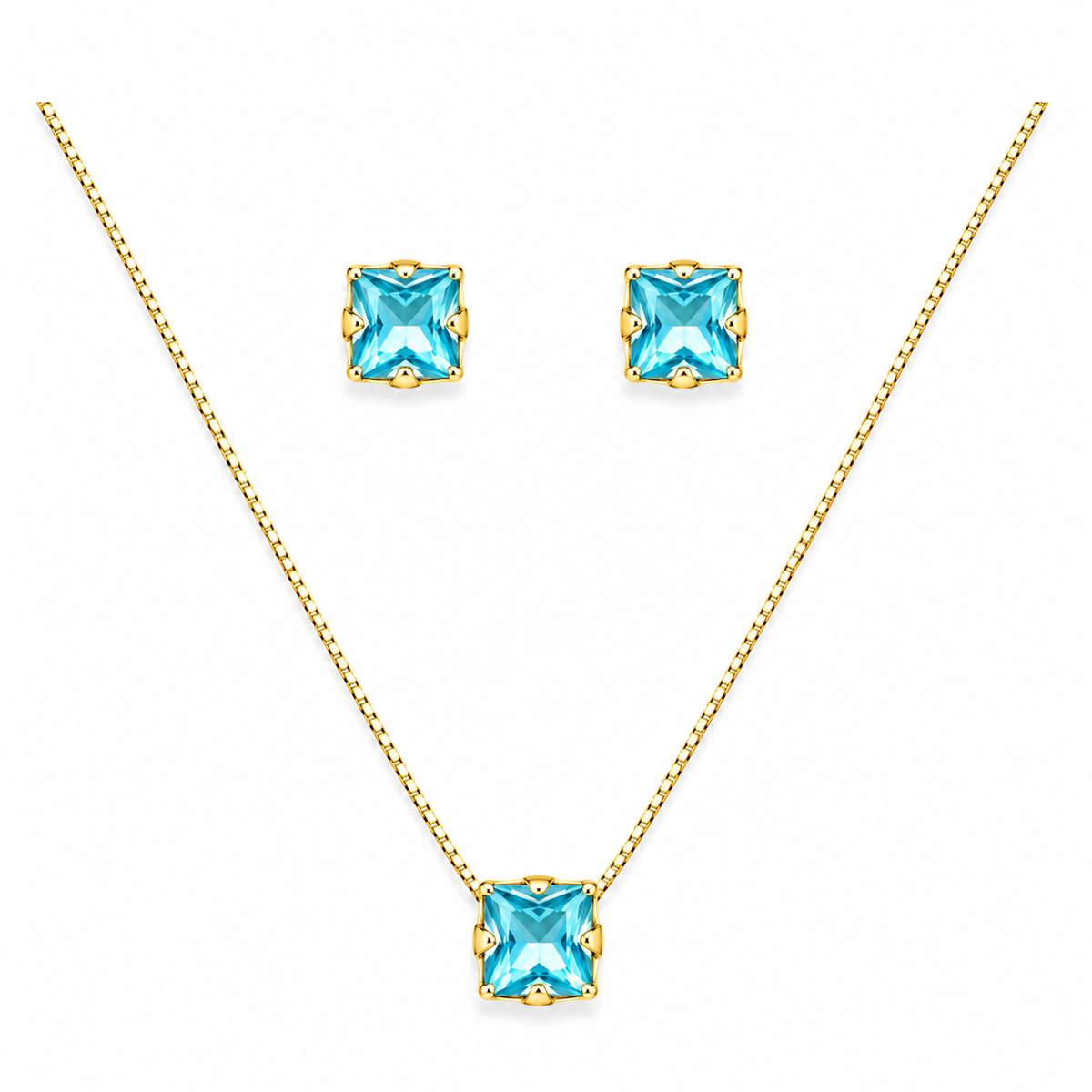 Conjunto Colar + Brincos Ponto de Luz Quadrado Azul Topázio