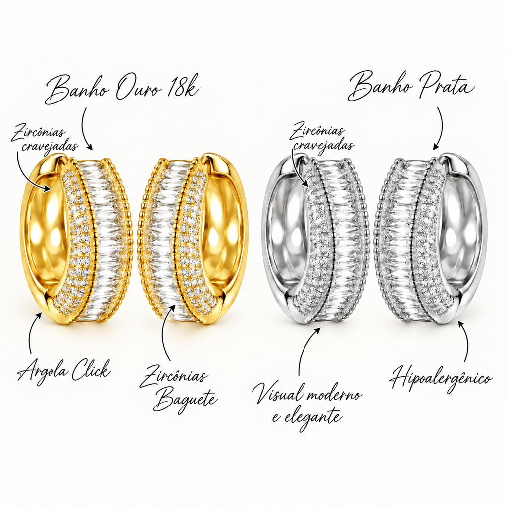 Brincos Argola Zircônias Baguete
