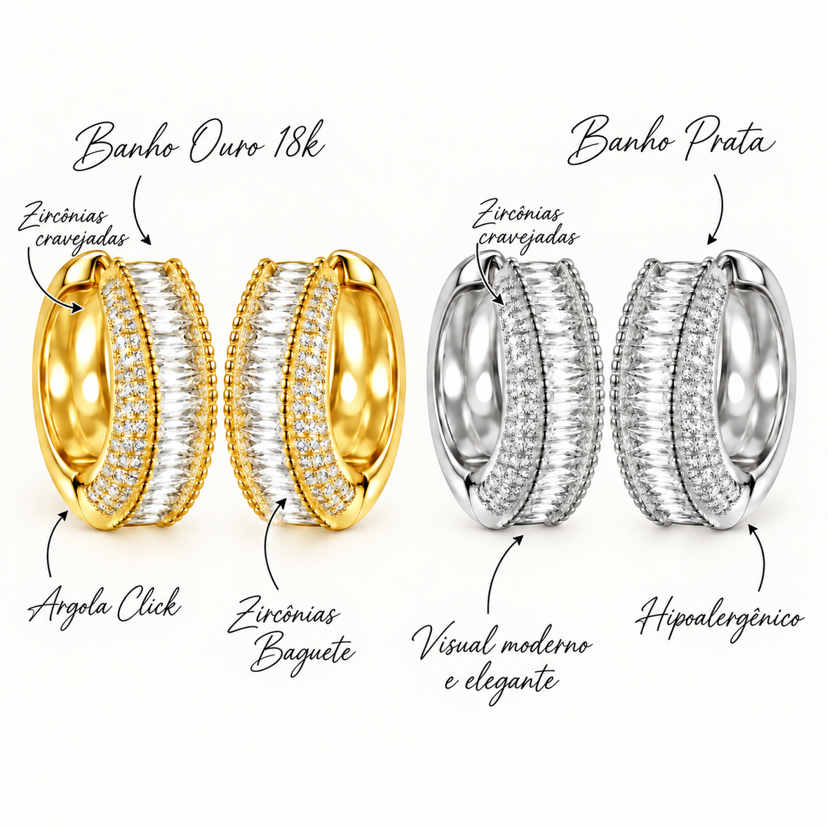 Brincos Argola Zircônias Baguete