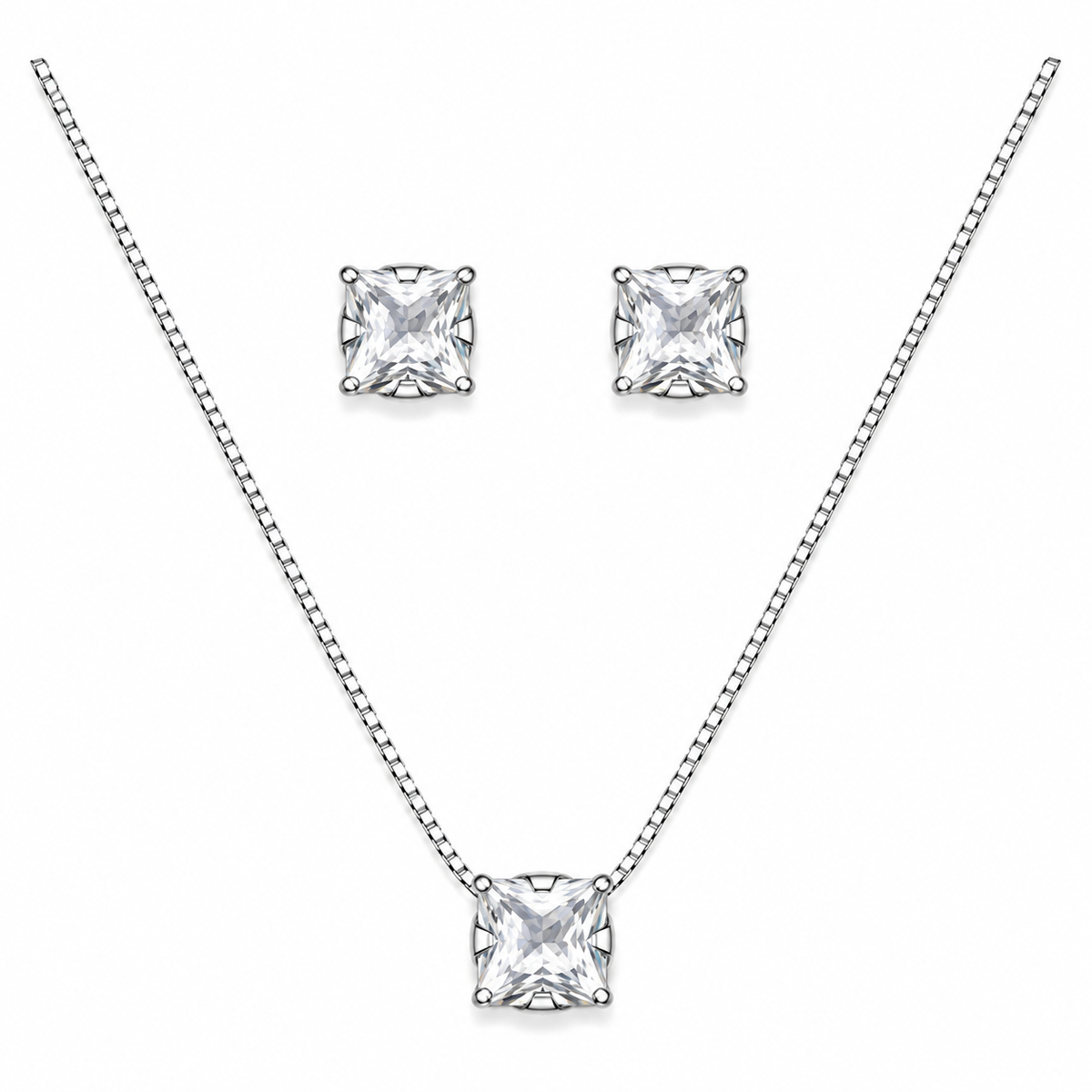 Conjunto Colar + Brincos Ponto de Luz Quadrado Cristal