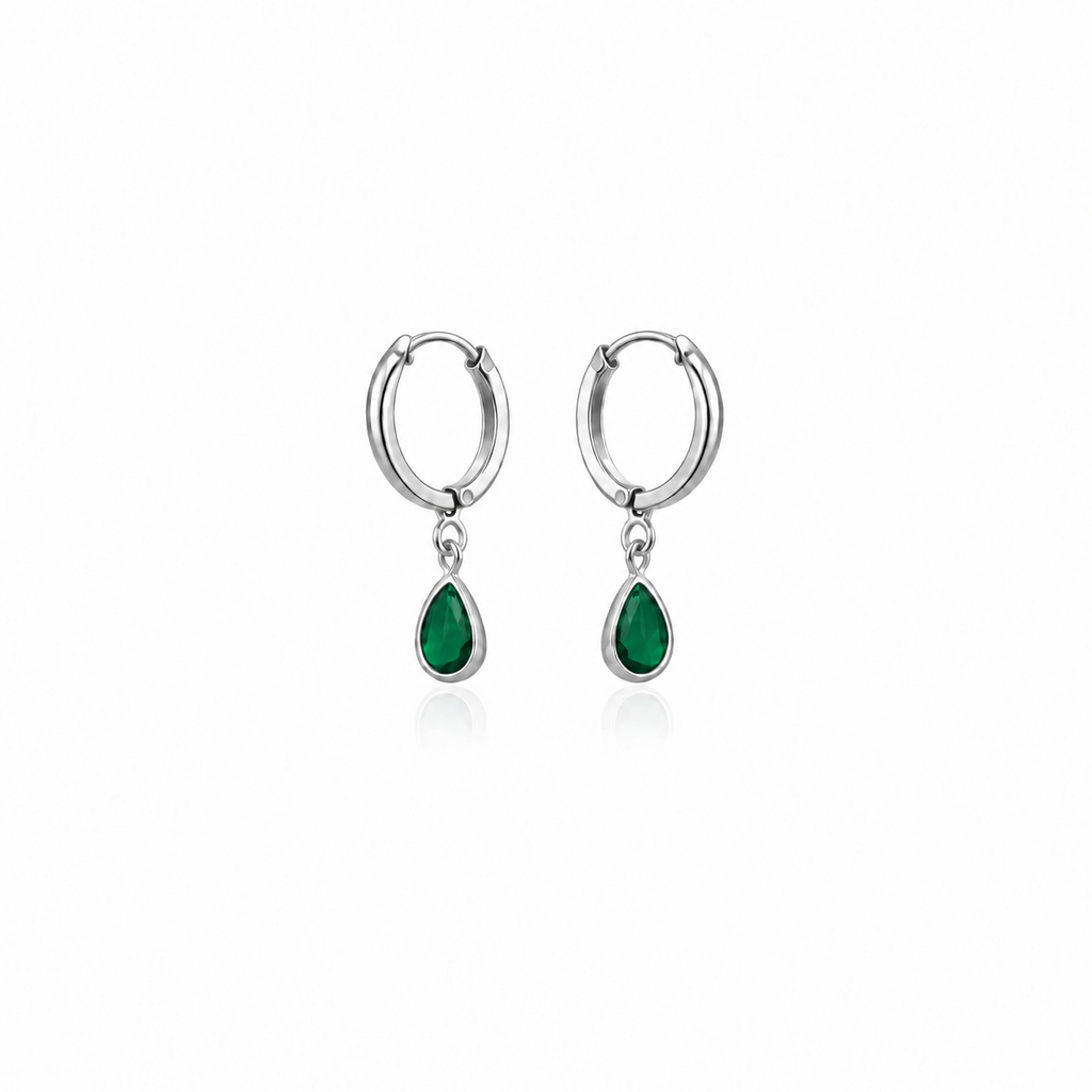 Brincos Argolinha Click Pingente Gota Verde Esmeralda