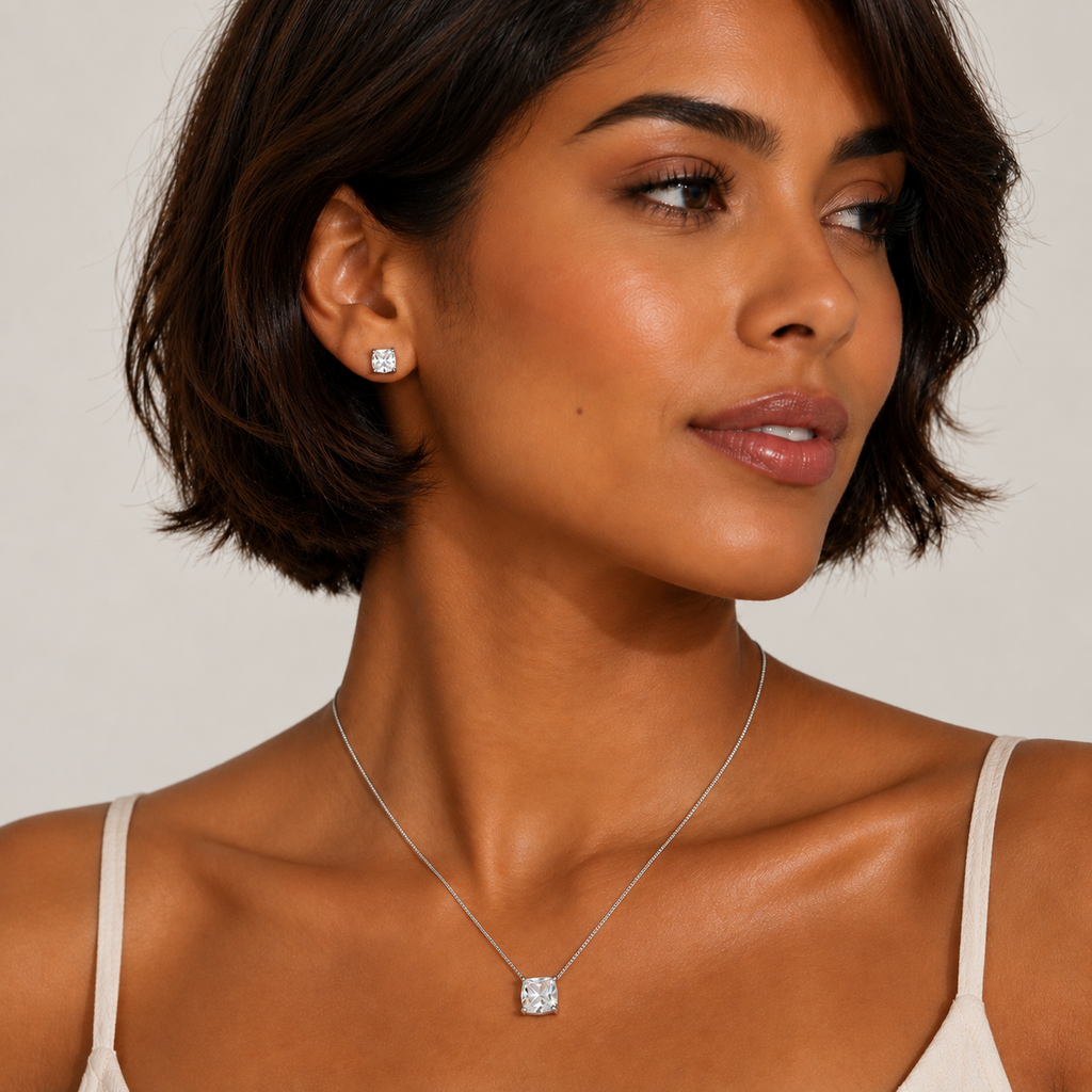 Conjunto Colar + Brincos Ponto de Luz Quadrado Cristal