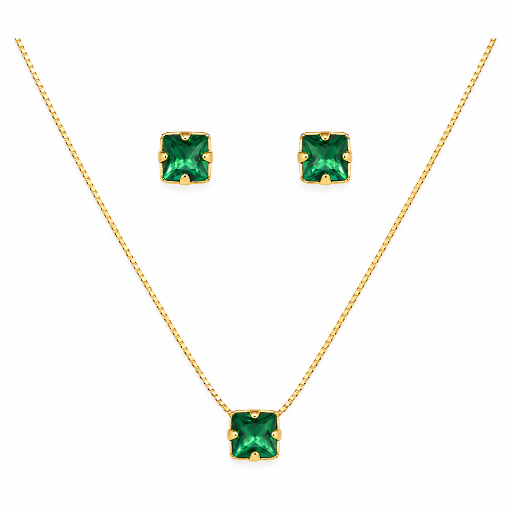 Conjunto Colar e Brincos Ponto de Luz Quadrado Verde Esmeralda