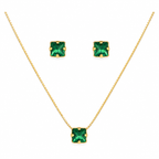 Conjunto Colar e Brincos Ponto de Luz Quadrado Verde Esmeralda