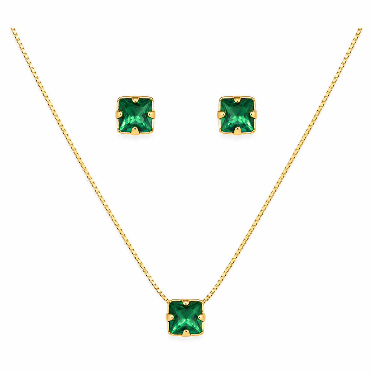 Conjunto Colar e Brincos Ponto de Luz Quadrado Verde Esmeralda
