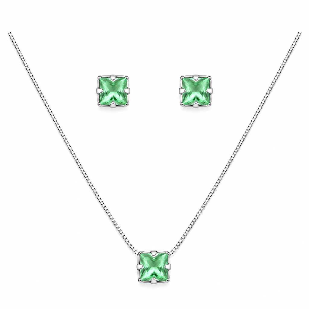 Conjunto Colar + Brincos Ponto de Luz Quadrado Verde Paraíba