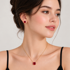 Conjunto Colar + Brincos Ponto de Luz Quadrado Rubi