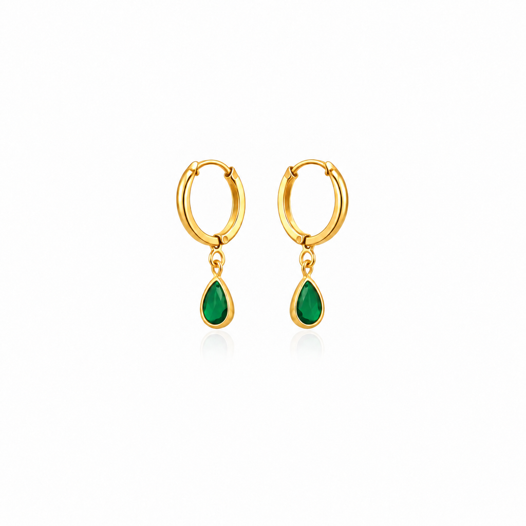 Brincos Argolinha Click Pingente Gota Verde Esmeralda