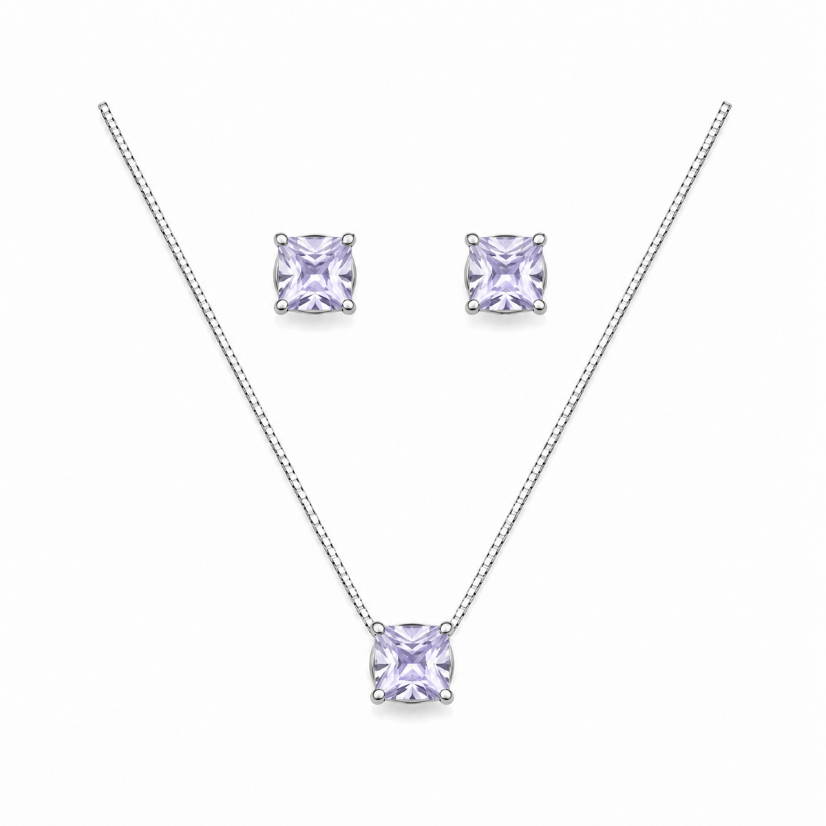 Conjunto Colar + Brincos Ponto de Luz Quadrado Lavanda