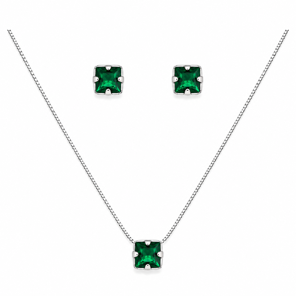 Conjunto Colar + Brincos Ponto de Luz Quadrado Verde Esmeralda