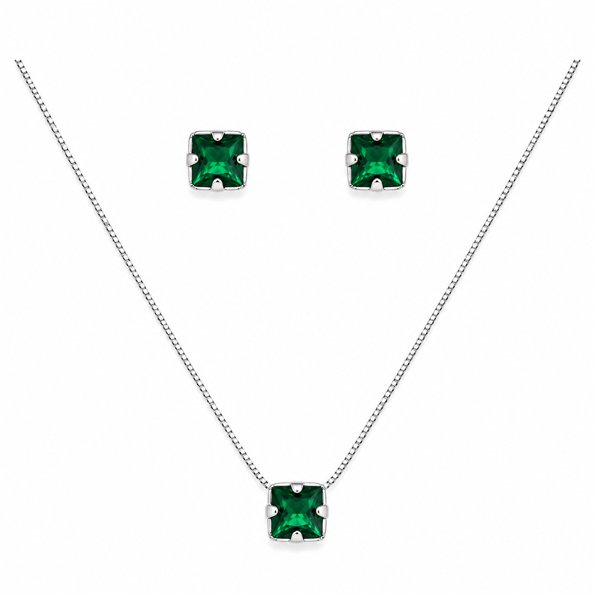 Conjunto Colar + Brincos Ponto de Luz Quadrado Verde Esmeralda