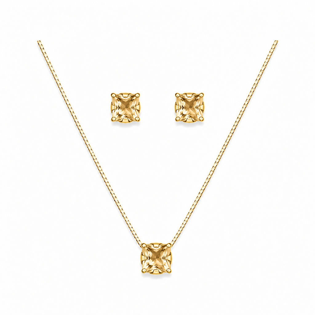Conjunto Colar + Brincos Ponto de Luz Quadrado Champagne
