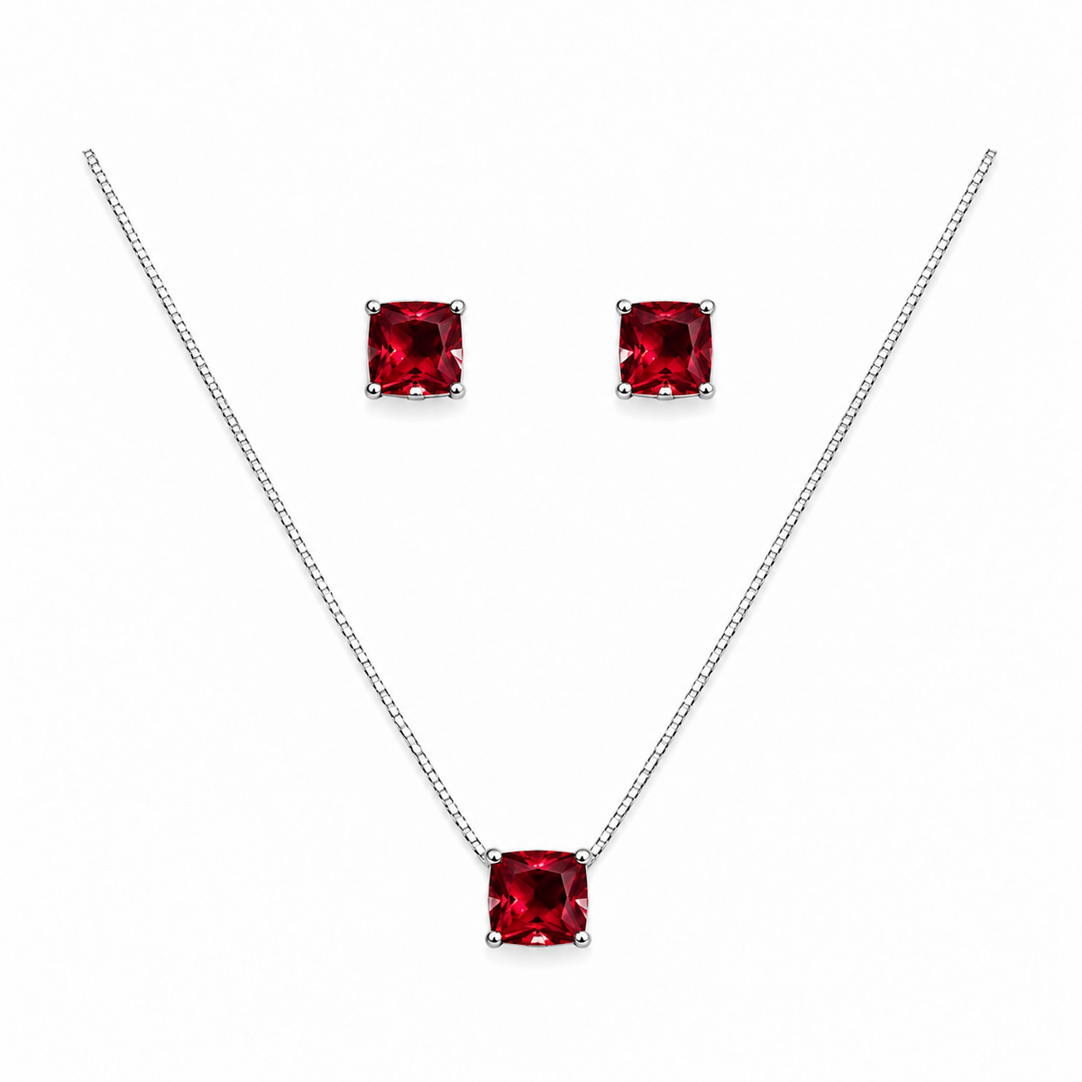 Conjunto Colar + Brincos Ponto de Luz Quadrado Rubi