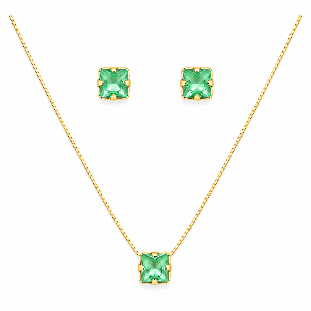 Conjunto Colar + Brincos Ponto de Luz Quadrado Verde Paraíba