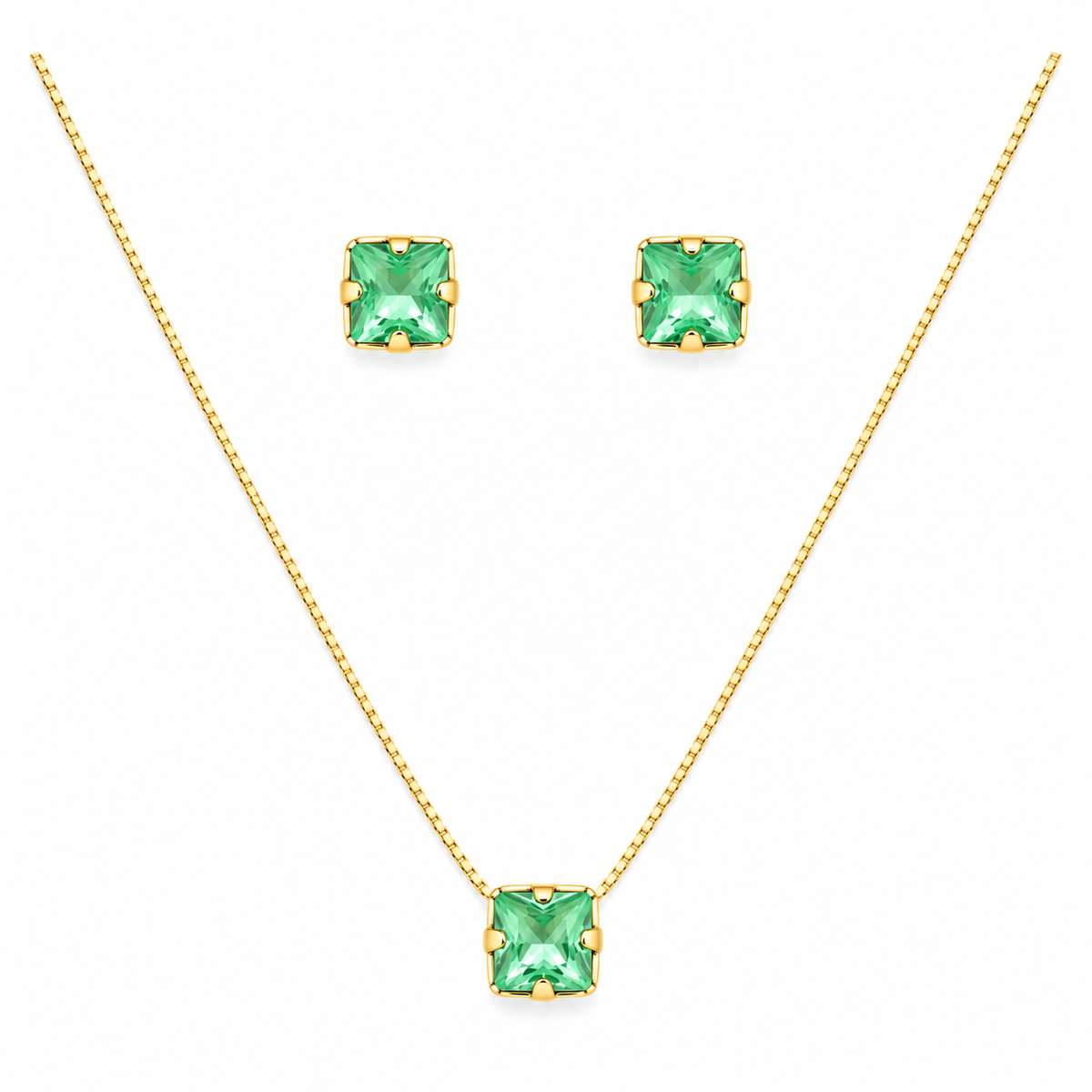 Conjunto Colar + Brincos Ponto de Luz Quadrado Verde Paraíba